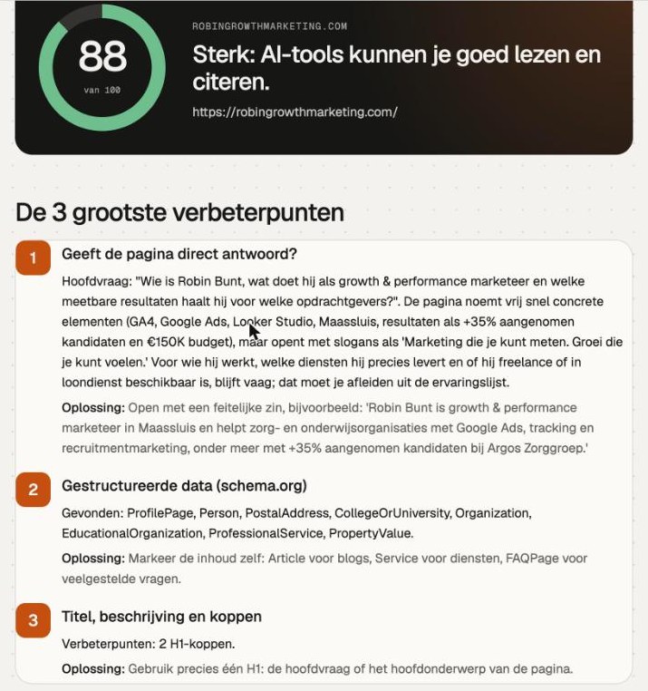 AI-check van robingrowthmarketing.com: score 88 van 100, met de drie grootste verbeterpunten